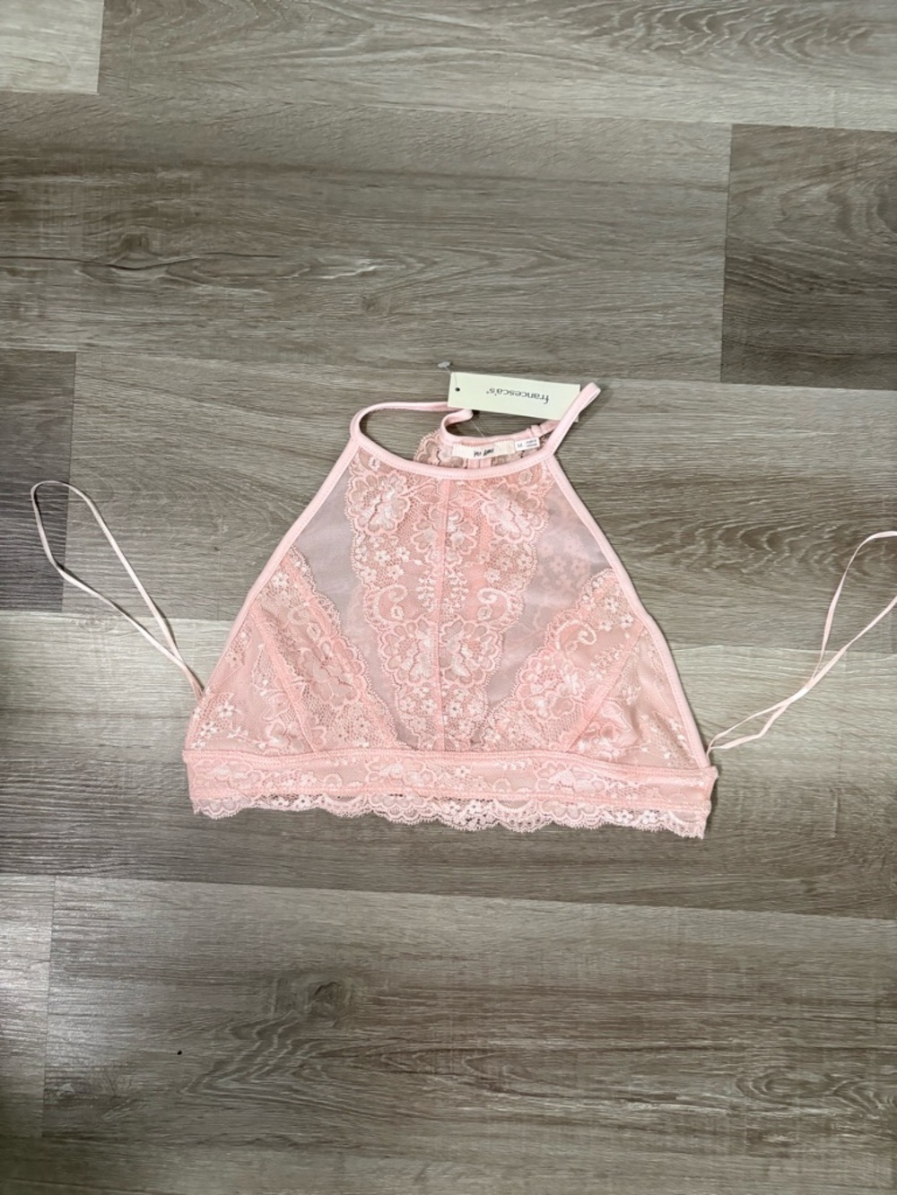 Francesca’s Sheer Lace Halter Bralette in Soft Pink